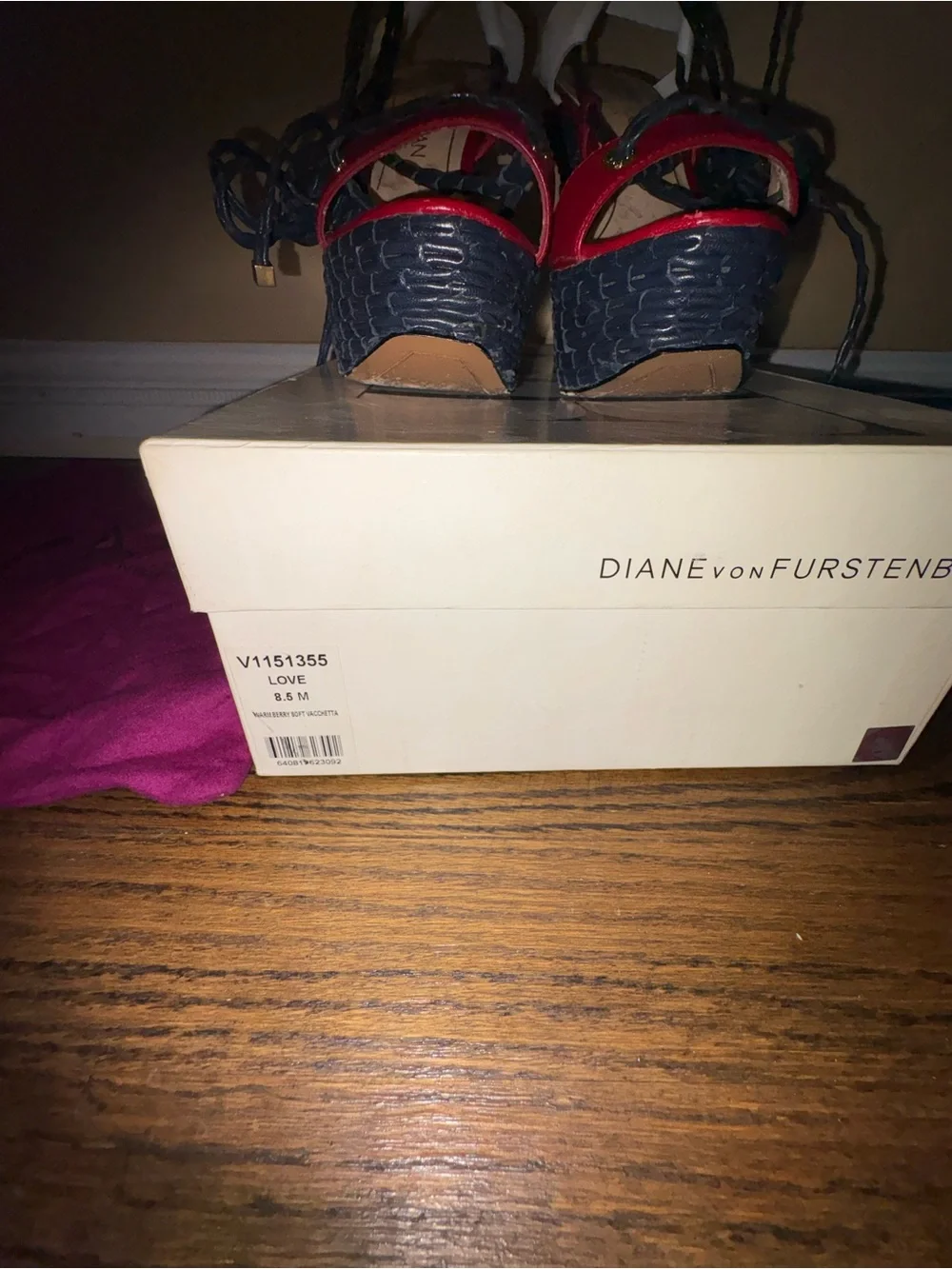 Diane Von Furstenberg Red, White and Black Lace-Up Wedge Sandals